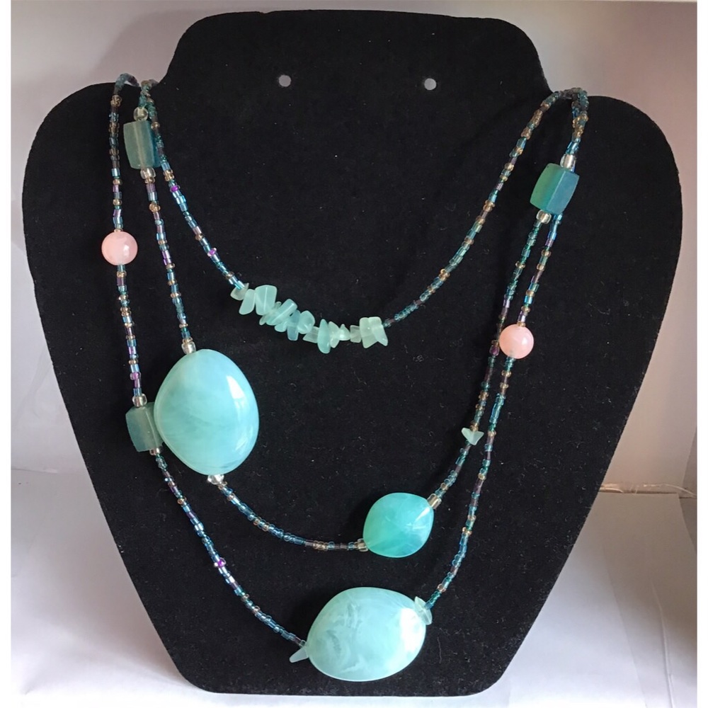 By Cg-3-Strands Green, Pink and Turquoise Chunky Necklace